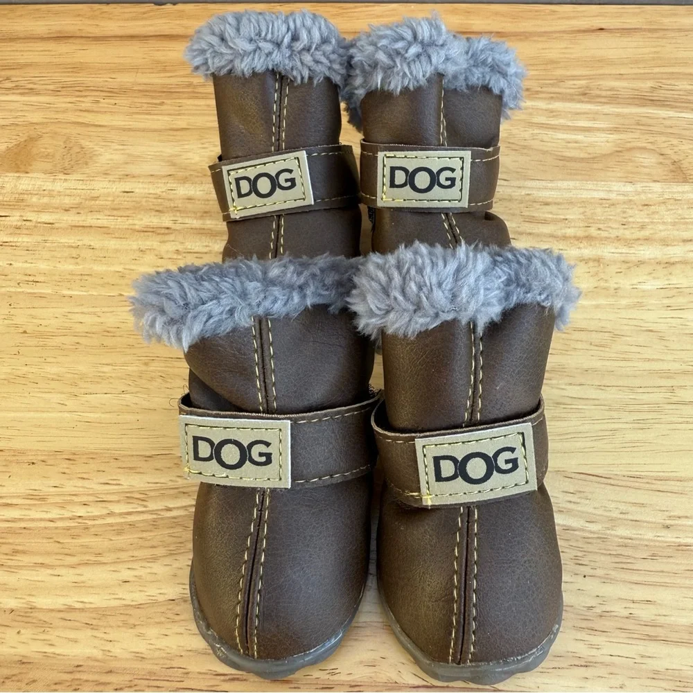 Brown Dog Boots with Gray Fur Trim - Picture 1 of 11